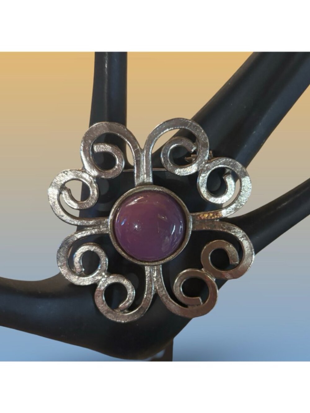 Silver Tone Scrollwork Brooch With Purple Cabochon Centerpiece Vintage Pin Gift